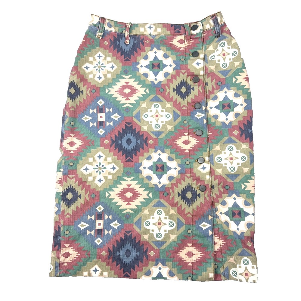 Vintage California Concepts Skirt Juniors 11 Denim Southwest Full Button Geomet